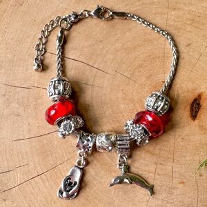 Red & Silver Ocean Dolphin Flip Flop Bead Slider Charm Bracelet